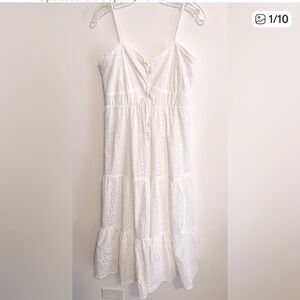 Altar’d State White Eyelet Midi Length Dress. Lace Up Chest, Tiered Skirt. Sz L